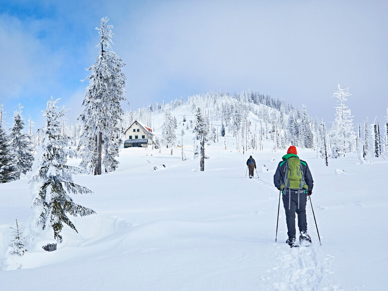 Schneeschuhwanderer durschreiten die Winterland des Bayerischen Waldes.